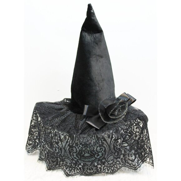 Halloween Tall Witch Hat Black Felt Rose Floral Lace Veil Costume Cosplay - Picture 1 of 9